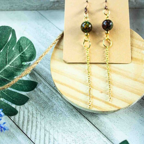 Emerald Green Agate Bead Dangle Earrings with Gold Chain - Picture 12 of 12